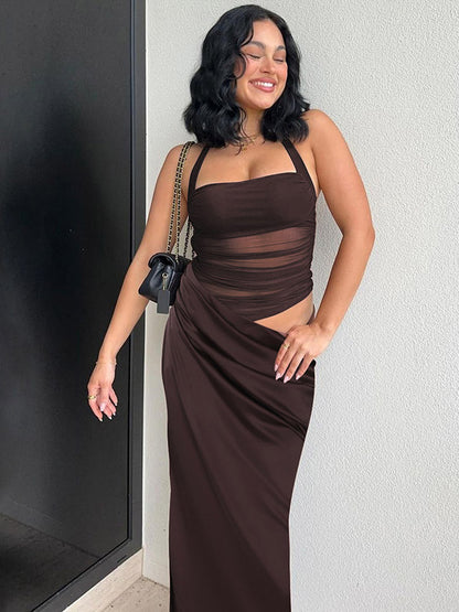 Party Dress Maxi Coffee Brown Halter Pleated Sleeveless Backless Sweet Semi Formal Dress