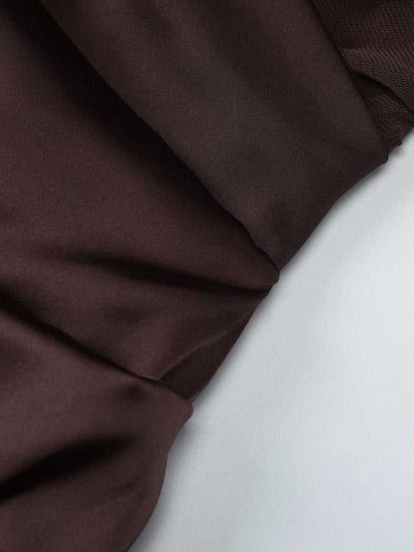 Party Dress Maxi Coffee Brown Halter Pleated Sleeveless Backless Sweet Semi Formal Dress