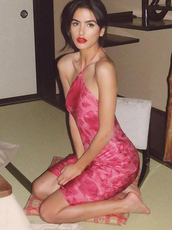 Date Night Dresses Mini Backless Flowers Lace Up Sleeveless Floral Print Halter Casual Rose Dress