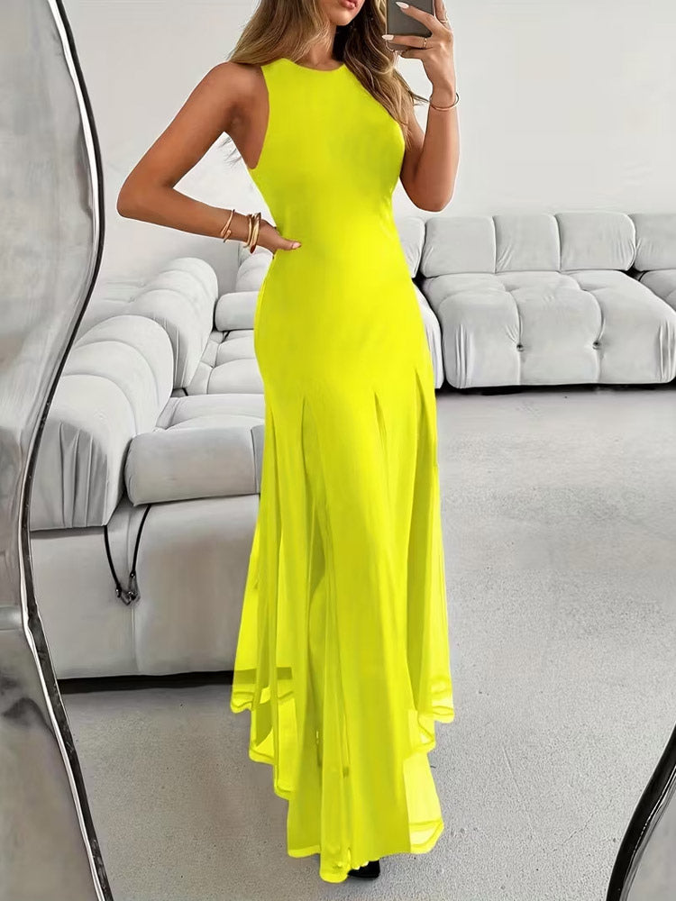 Party Dress Maxi Orange Jewel Neck Pleated Sleeveless Elegant Semi Formal Dress