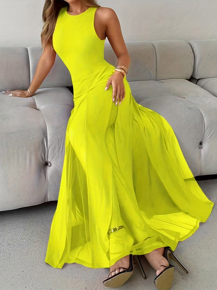 Party Dress Maxi Orange Jewel Neck Pleated Sleeveless Elegant Semi Formal Dress