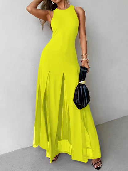 Party Dress Maxi Orange Jewel Neck Pleated Sleeveless Elegant Semi Formal Dress
