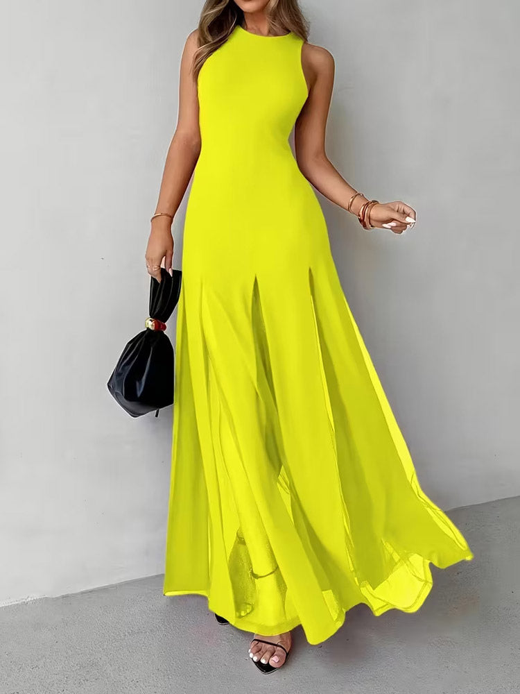 Party Dress Maxi Orange Jewel Neck Pleated Sleeveless Elegant Semi Formal Dress