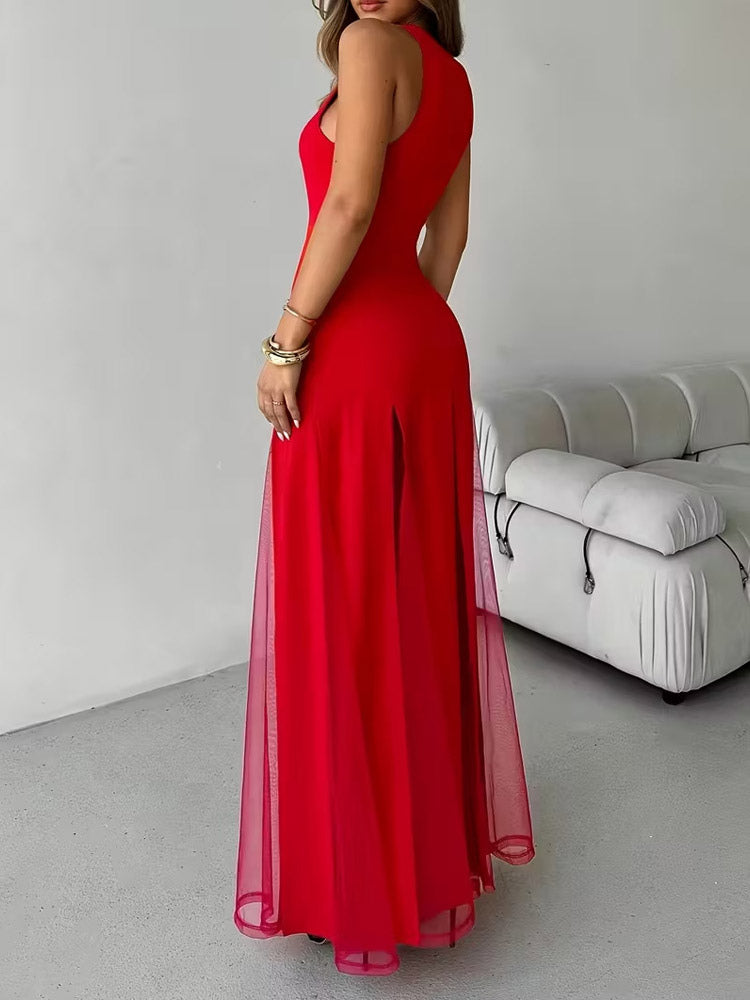 Party Dress Maxi Orange Jewel Neck Pleated Sleeveless Elegant Semi Formal Dress