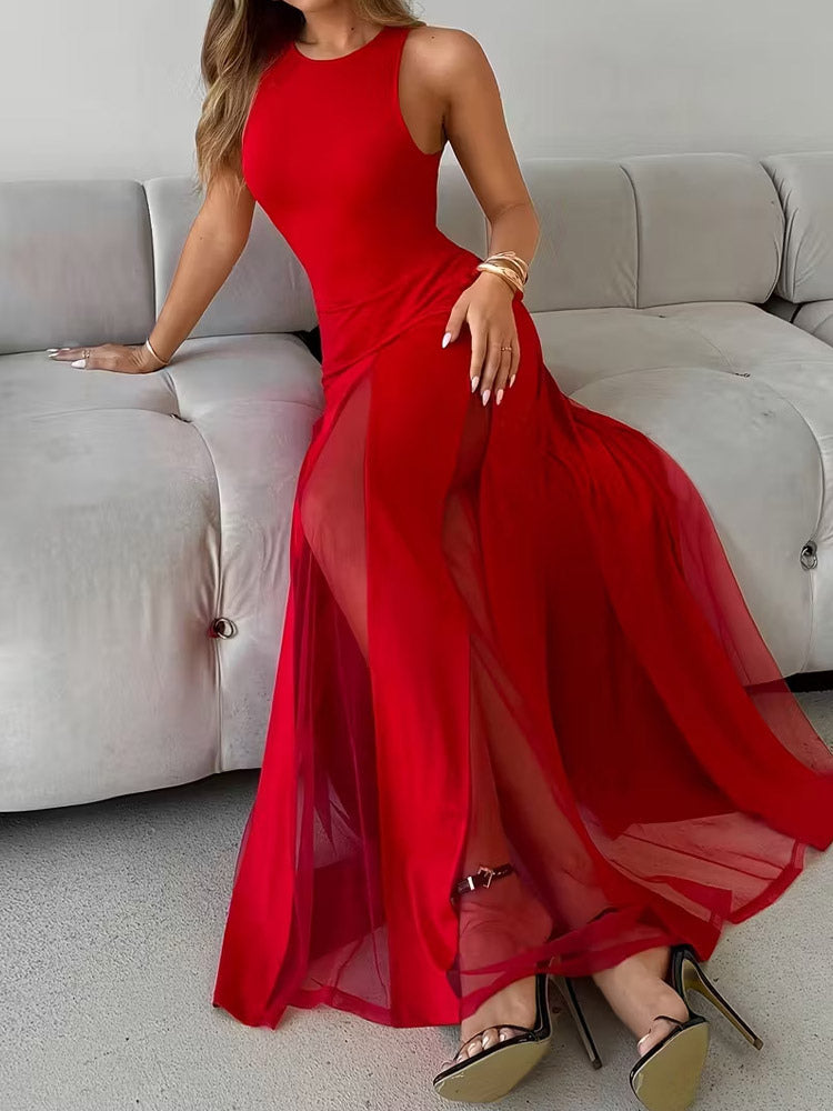 Party Dress Maxi Orange Jewel Neck Pleated Sleeveless Elegant Semi Formal Dress