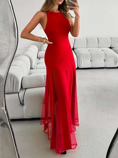 Party Dress Maxi Orange Jewel Neck Pleated Sleeveless Elegant Semi Formal Dress