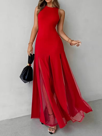 Party Dress Maxi Orange Jewel Neck Pleated Sleeveless Elegant Semi Formal Dress