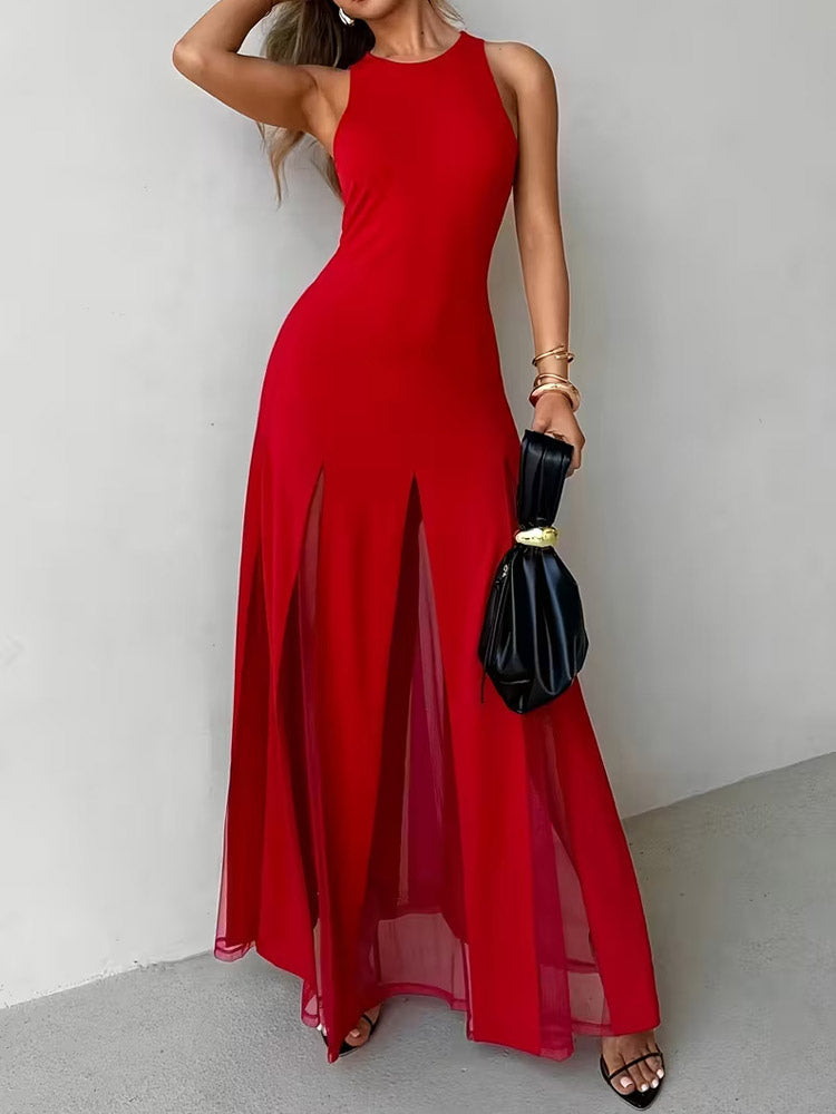 Party Dress Maxi Orange Jewel Neck Pleated Sleeveless Elegant Semi Formal Dress