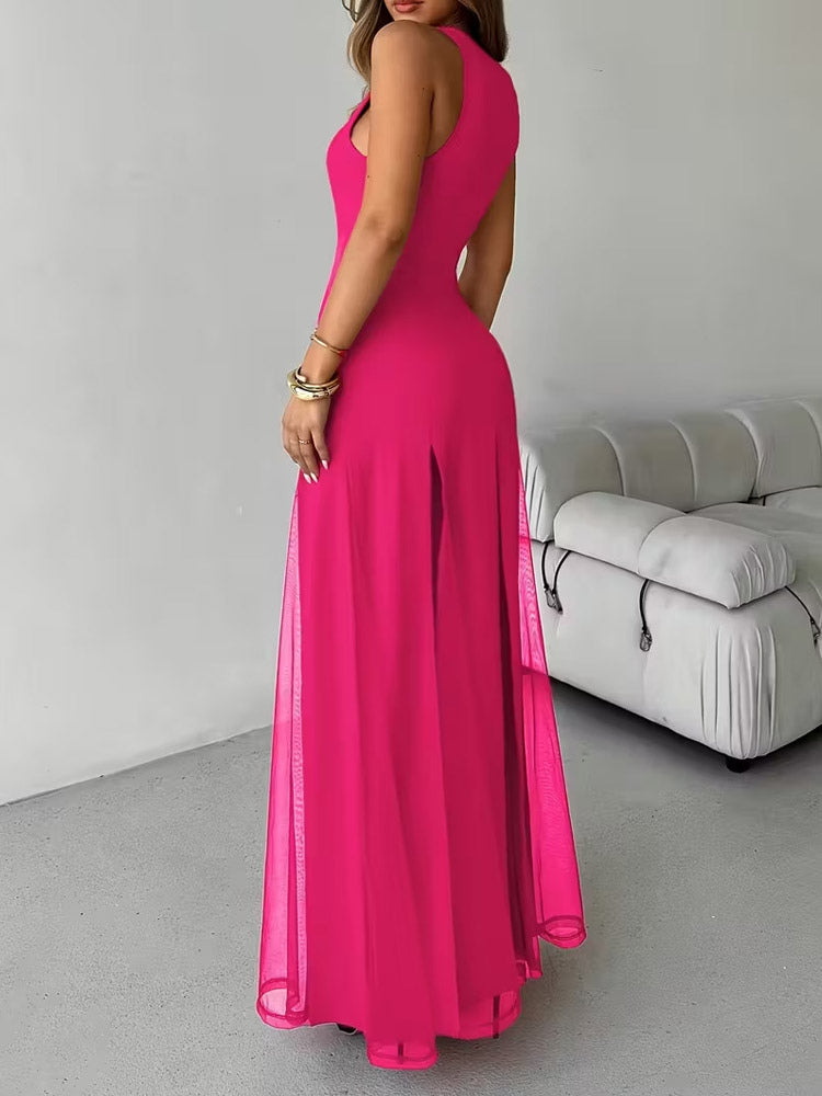 Party Dress Maxi Orange Jewel Neck Pleated Sleeveless Elegant Semi Formal Dress