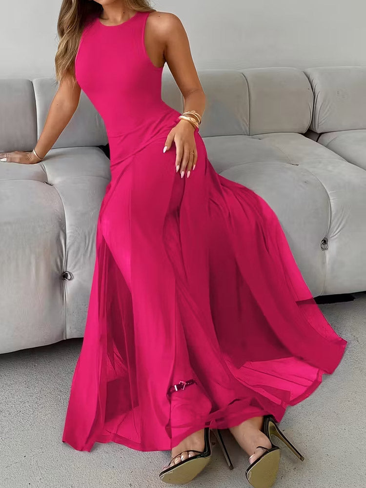 Party Dress Maxi Orange Jewel Neck Pleated Sleeveless Elegant Semi Formal Dress