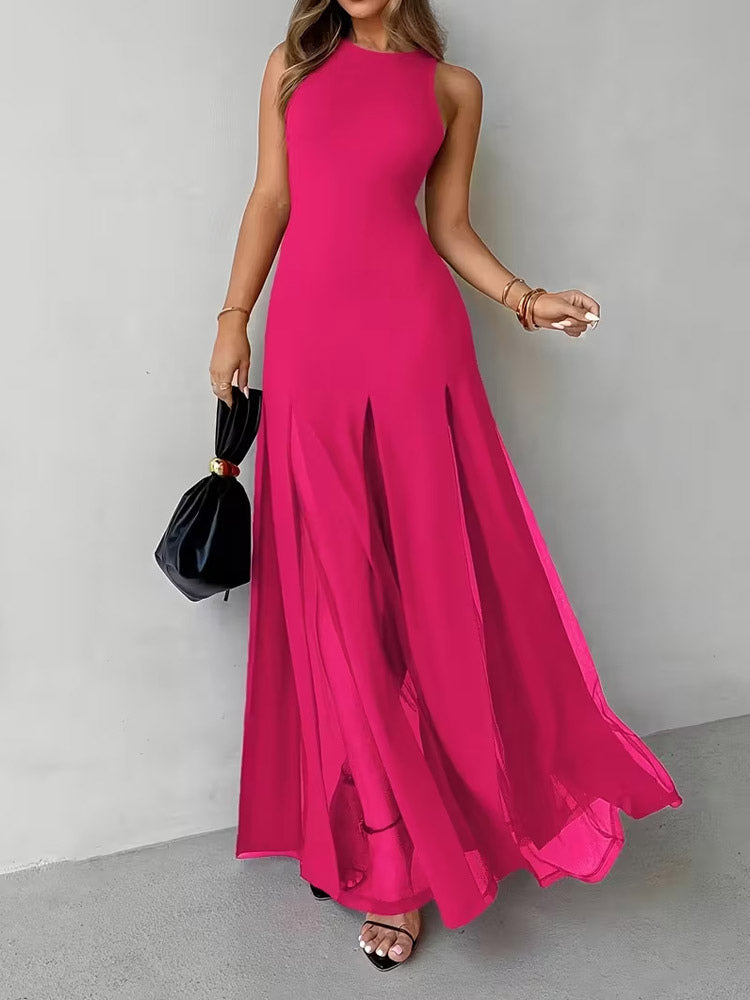 Party Dress Maxi Orange Jewel Neck Pleated Sleeveless Elegant Semi Formal Dress