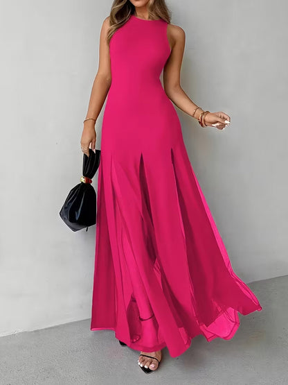 Party Dress Maxi Orange Jewel Neck Pleated Sleeveless Elegant Semi Formal Dress