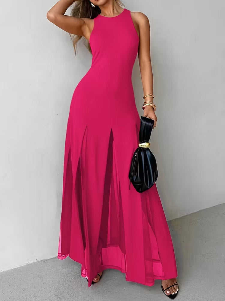 Party Dress Maxi Orange Jewel Neck Pleated Sleeveless Elegant Semi Formal Dress