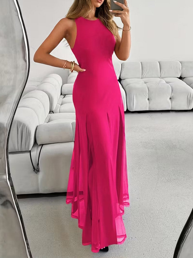 Party Dress Maxi Orange Jewel Neck Pleated Sleeveless Elegant Semi Formal Dress
