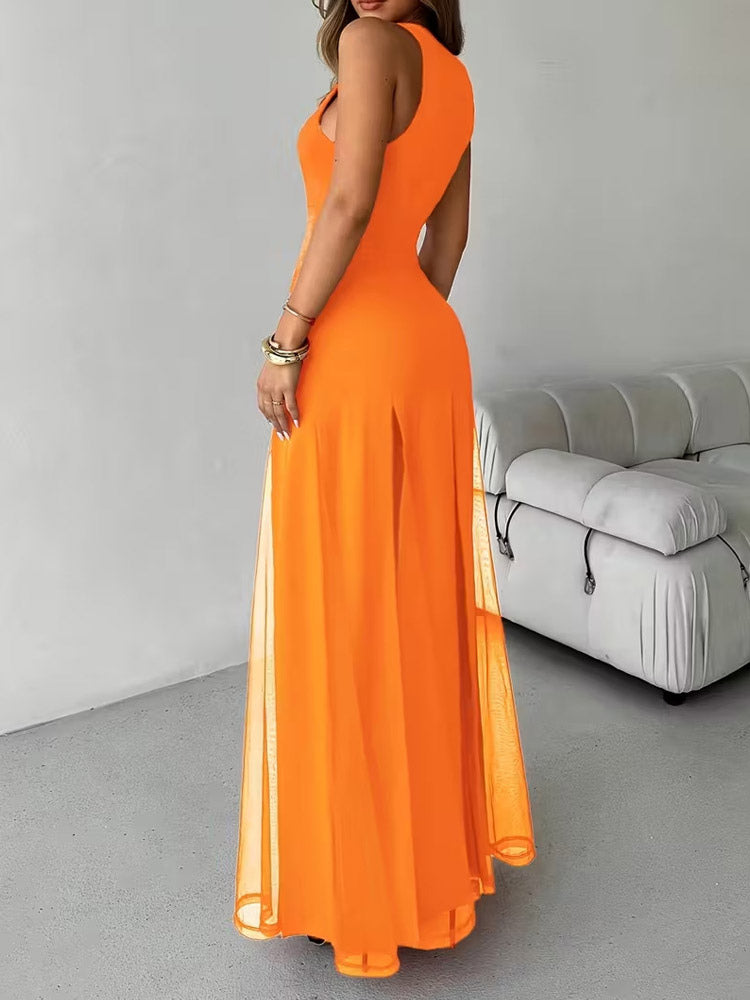 Party Dress Maxi Orange Jewel Neck Pleated Sleeveless Elegant Semi Formal Dress