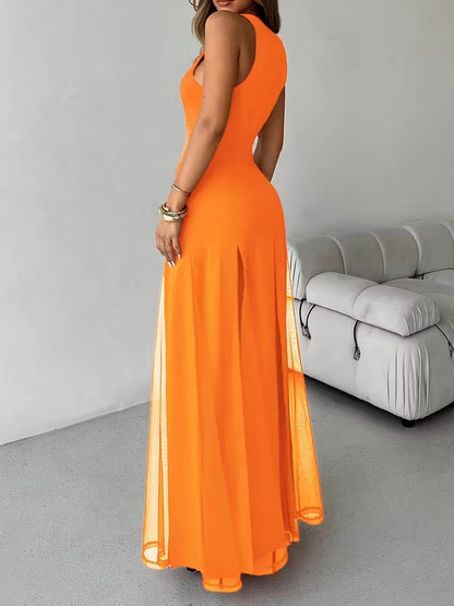 Party Dress Maxi Orange Jewel Neck Pleated Sleeveless Elegant Semi Formal Dress