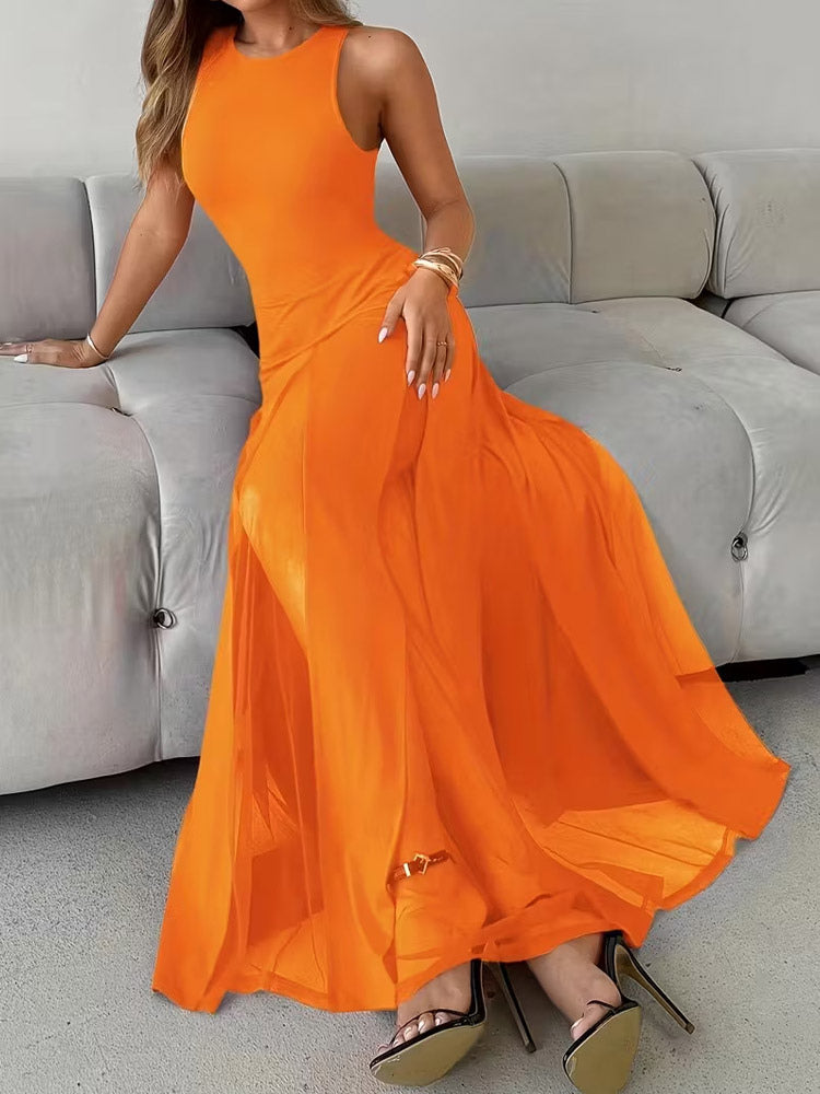 Party Dress Maxi Orange Jewel Neck Pleated Sleeveless Elegant Semi Formal Dress