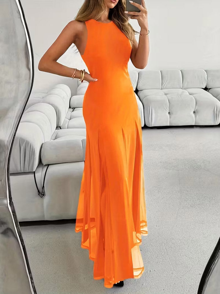 Party Dress Maxi Orange Jewel Neck Pleated Sleeveless Elegant Semi Formal Dress