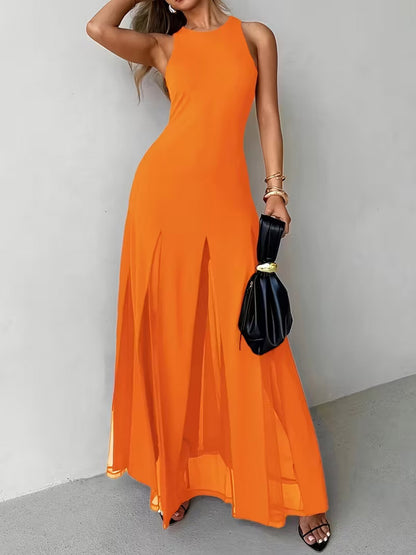 Party Dress Maxi Orange Jewel Neck Pleated Sleeveless Elegant Semi Formal Dress