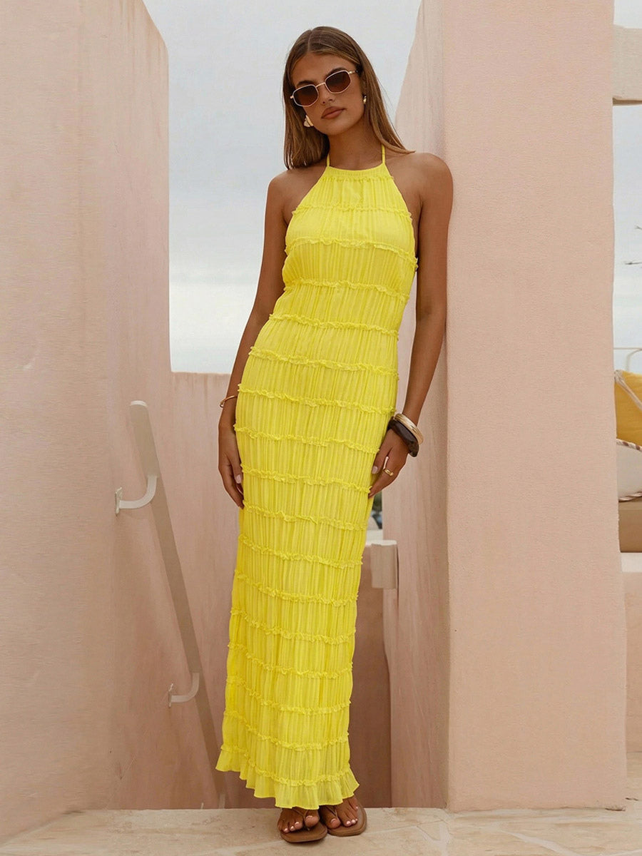 Party Dress Maxi Yellow Halter Pleated Sleeveless Backless Elegant Semi Formal Dress
