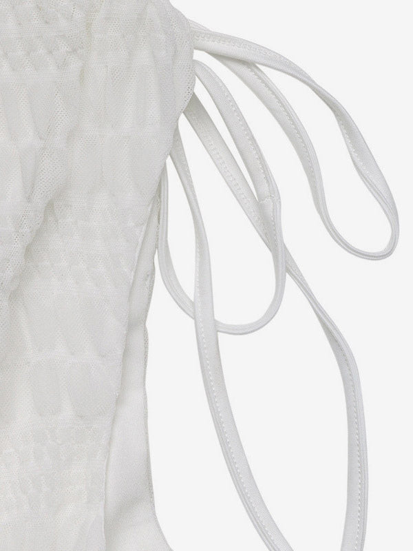 Vacation Dresses Mini Backless Lace Up Pleated Sleeveless V-Neck Casual White Dress