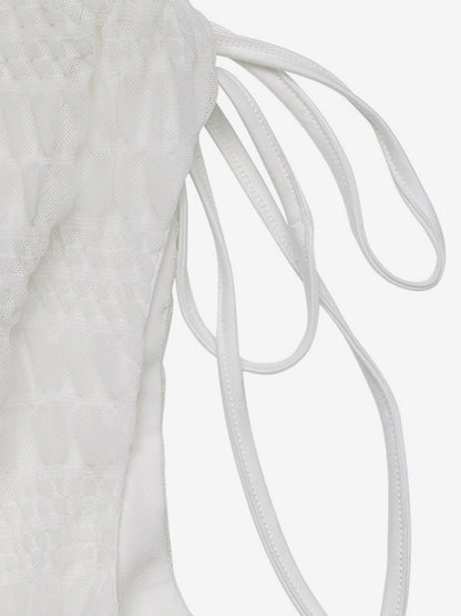 Vacation Dresses Mini Backless Lace Up Pleated Sleeveless V-Neck Casual White Dress