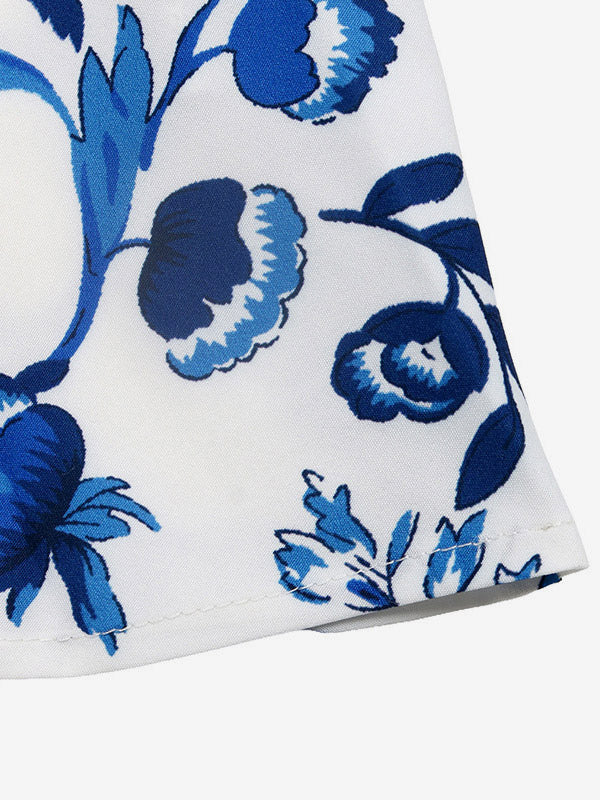 Vacation Dresses Mini Backless Cut Out Lace Up Sleeveless Floral Print Strapless Chic Blue Dress