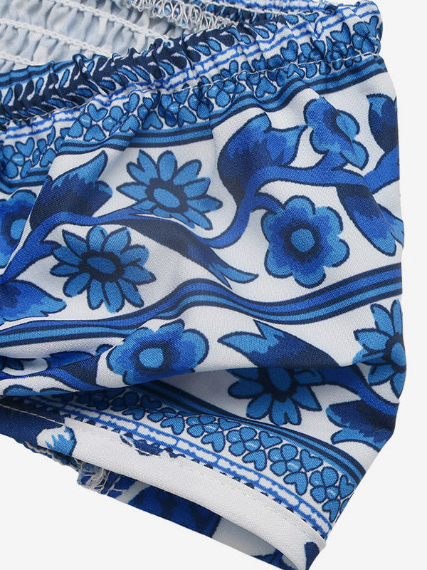 Vacation Dresses Mini Backless Cut Out Lace Up Sleeveless Floral Print Strapless Chic Blue Dress