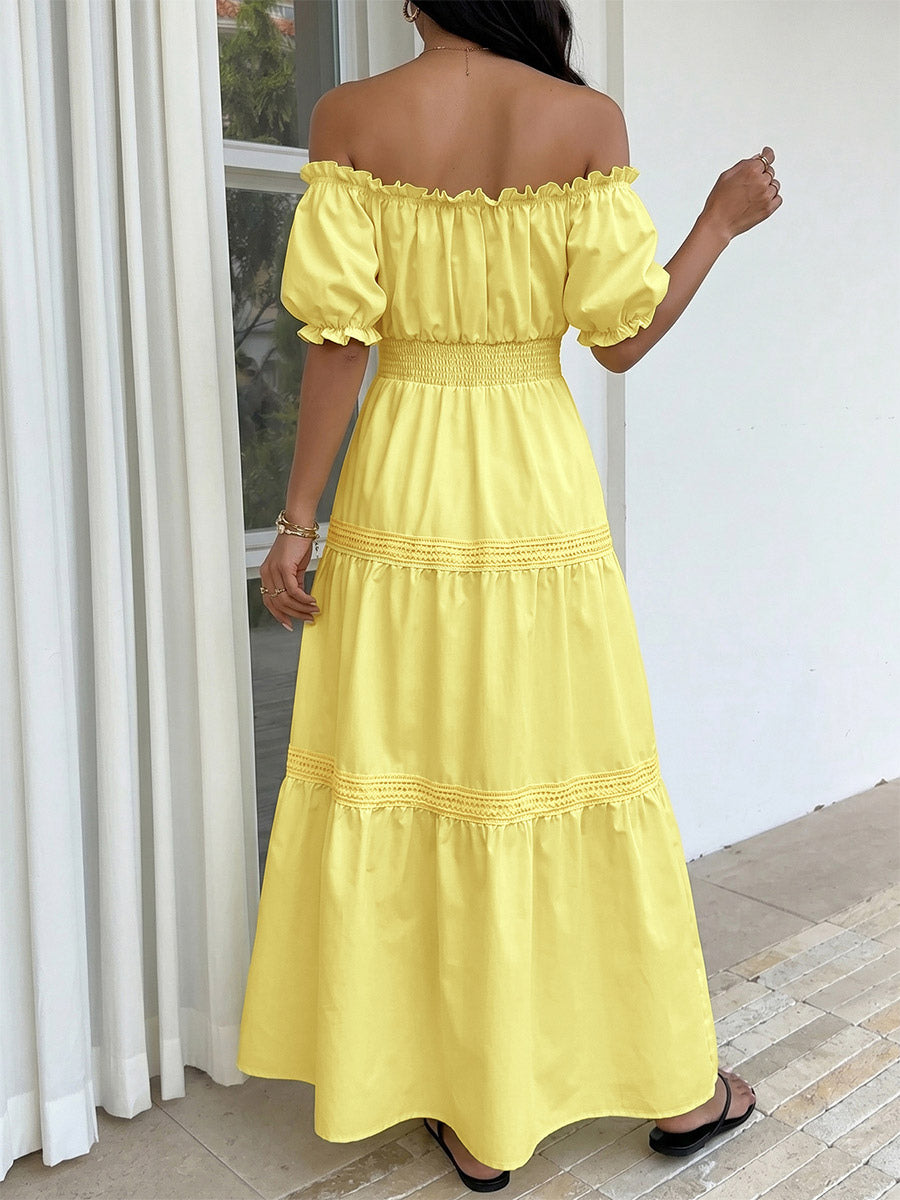 Vacation Dresses Maxi Backless Ruffles Lace Up Short Sleeves Off-The-Shoulder Puff Sleeves Sexy Dress