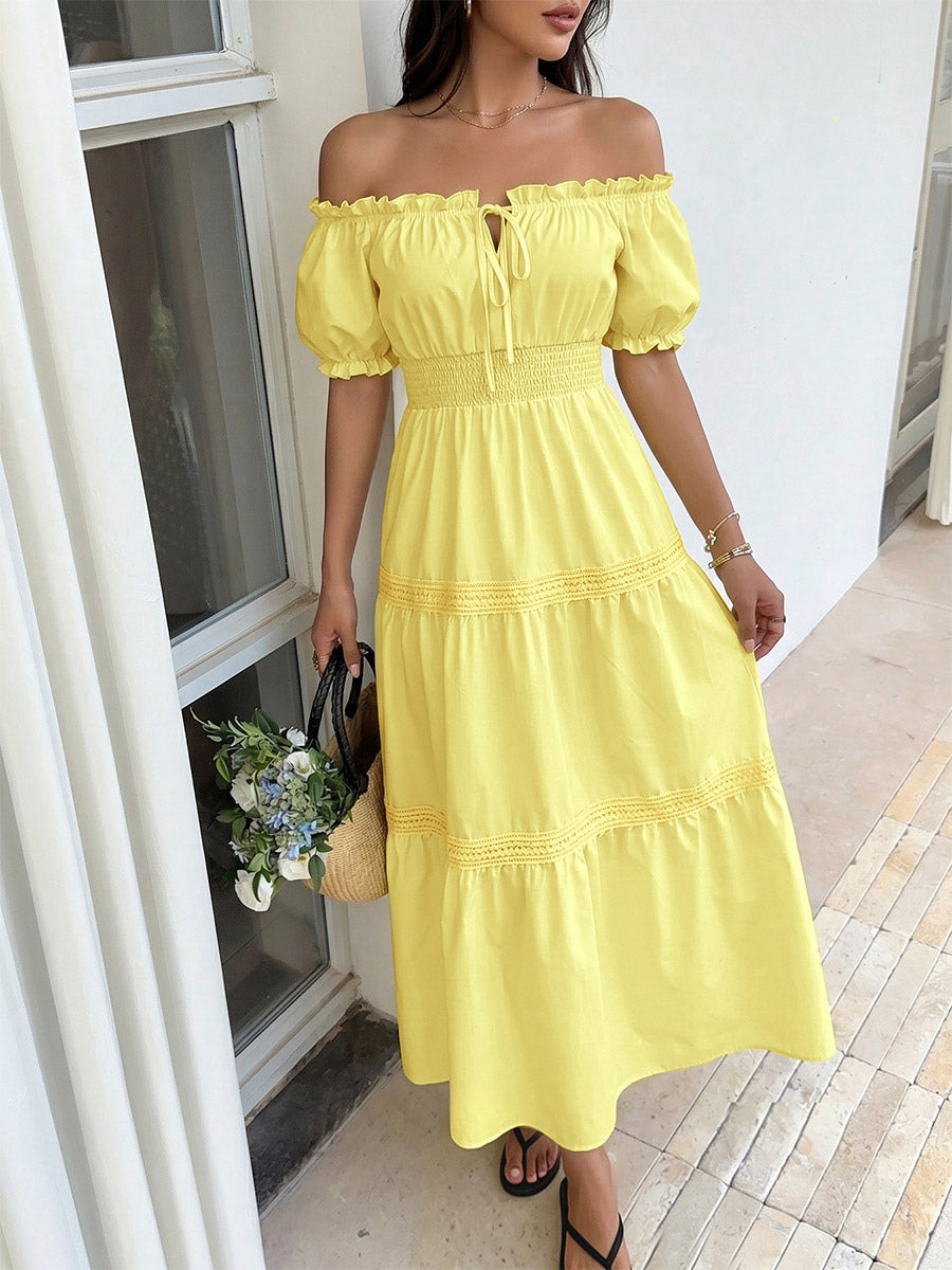 Vacation Dresses Maxi Backless Ruffles Lace Up Short Sleeves Off-The-Shoulder Puff Sleeves Sexy Dress