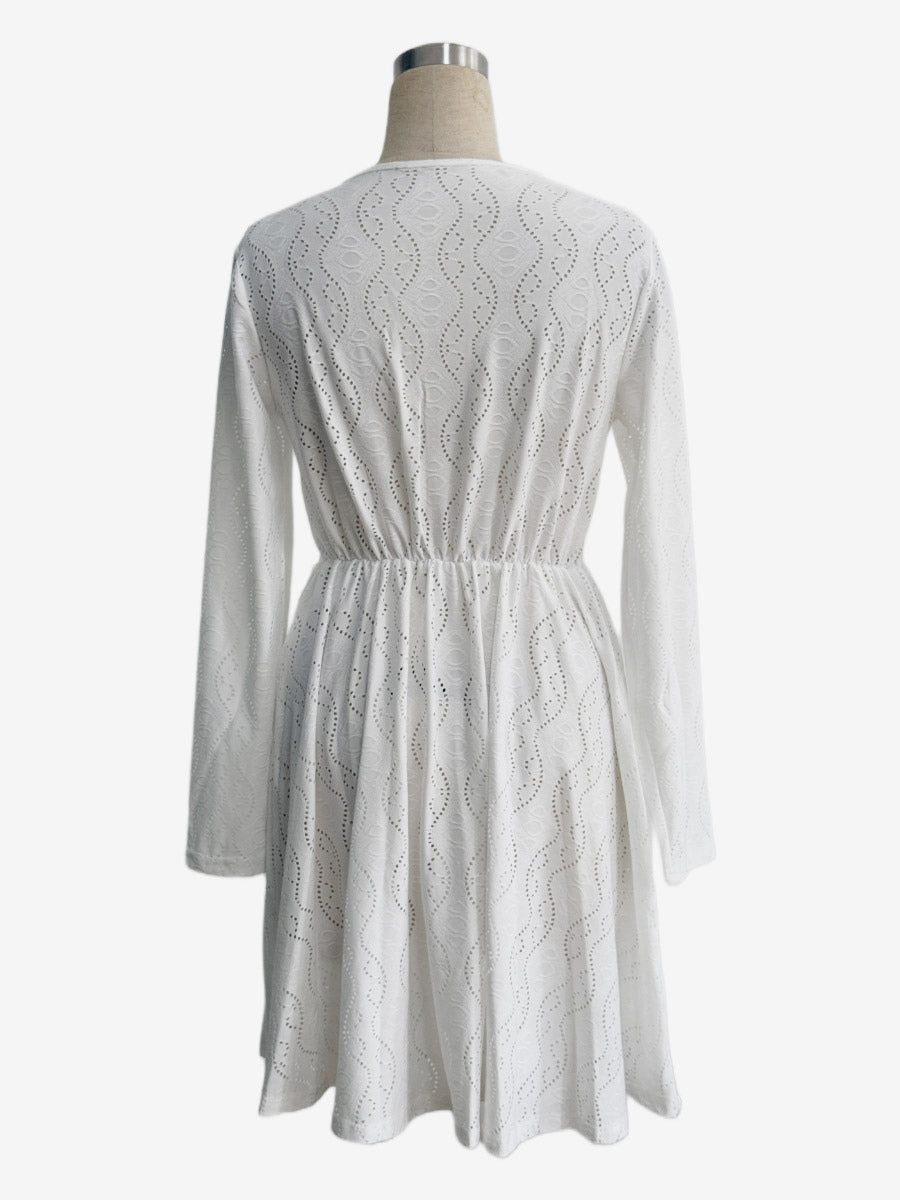 Daily Dresses Mini Woman's Dress Long Sleeves V-Neck Raised Waist Casual Lace White Dress