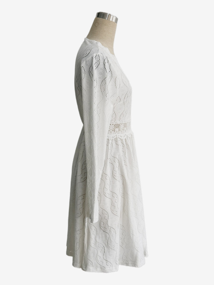 Daily Dresses Mini Woman's Dress Long Sleeves V-Neck Raised Waist Casual Lace White Dress