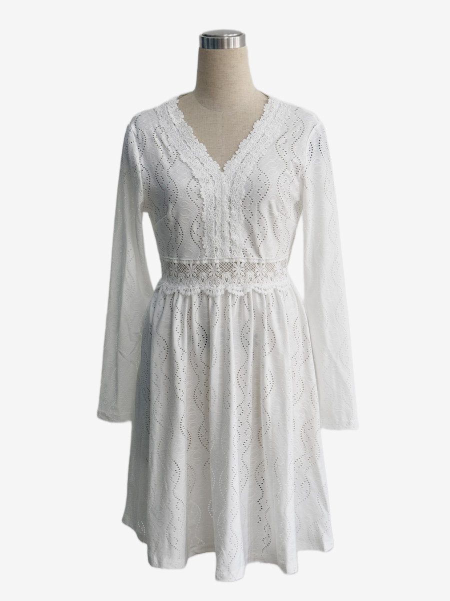 Daily Dresses Mini Woman's Dress Long Sleeves V-Neck Raised Waist Casual Lace White Dress