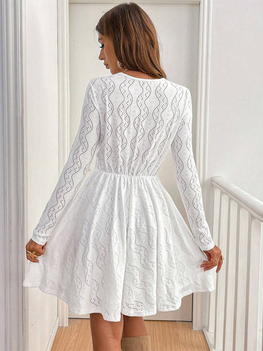 Daily Dresses Mini Woman's Dress Long Sleeves V-Neck Raised Waist Casual Lace White Dress