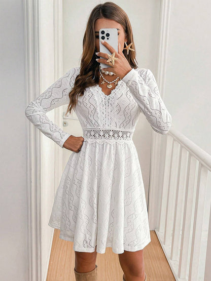 Daily Dresses Mini Woman's Dress Long Sleeves V-Neck Raised Waist Casual Lace White Dress