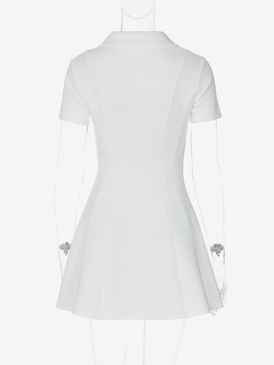Date Night Dresses Mini Pleated Short Sleeves V-Neck Casual Ecru White Dress