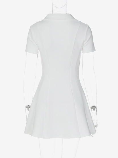 Date Night Dresses Mini Pleated Short Sleeves V-Neck Casual Ecru White Dress
