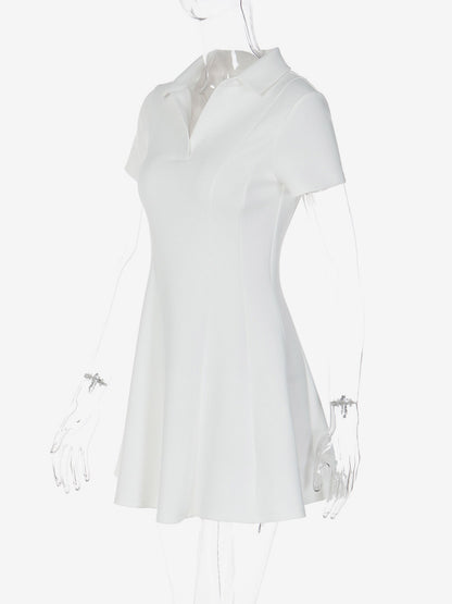 Date Night Dresses Mini Pleated Short Sleeves V-Neck Casual Ecru White Dress