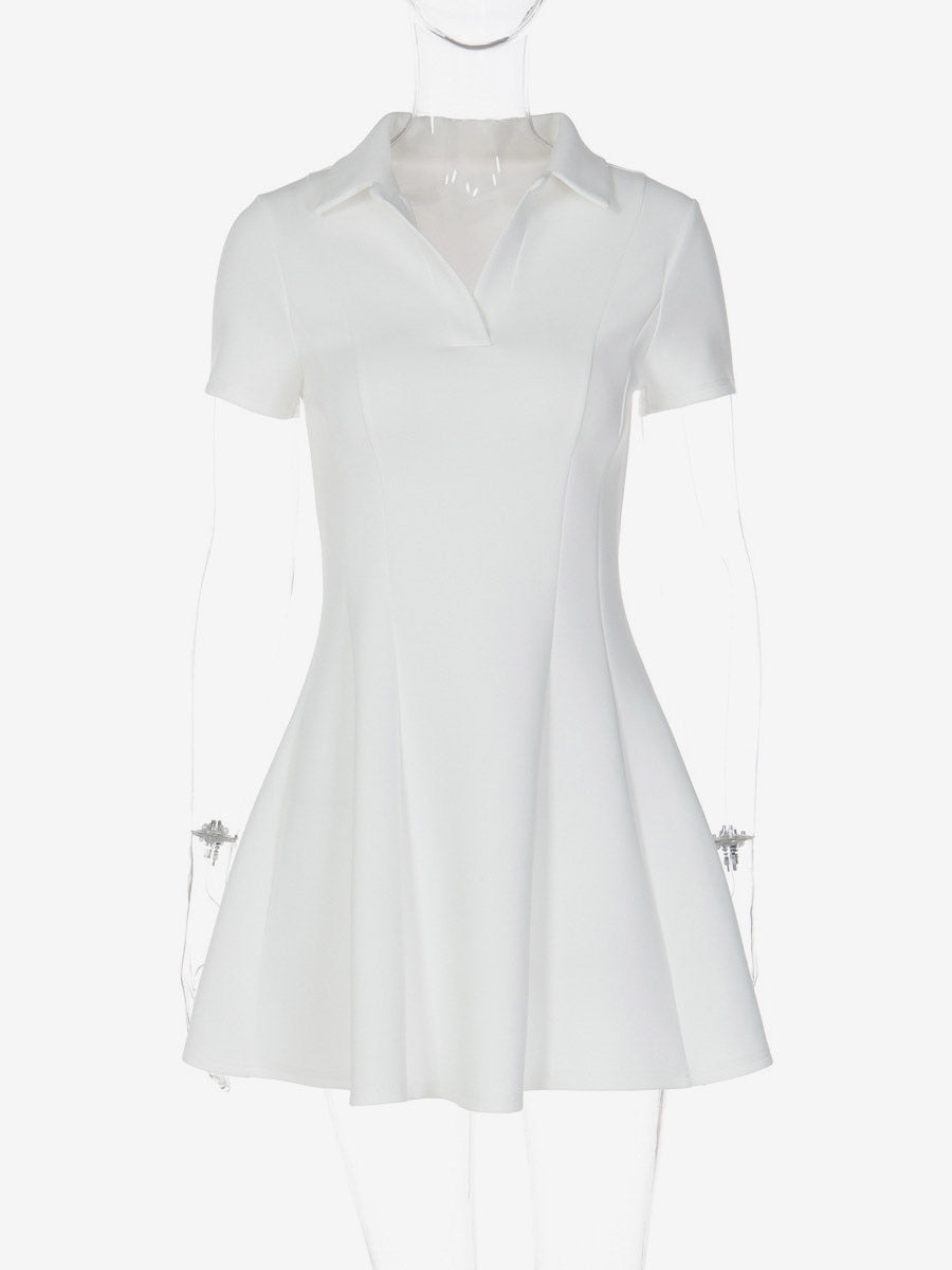 Date Night Dresses Mini Pleated Short Sleeves V-Neck Casual Ecru White Dress