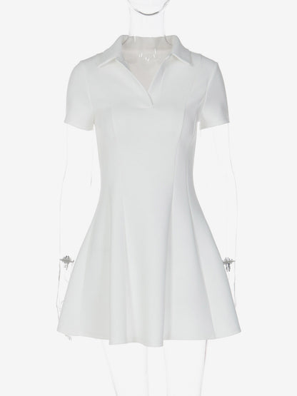 Date Night Dresses Mini Pleated Short Sleeves V-Neck Casual Ecru White Dress