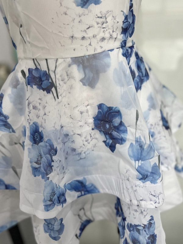 Vacation Dresses Mini Backless Flowers Ruffles Sleeveless Floral Print Halter Elegant Pink Dress