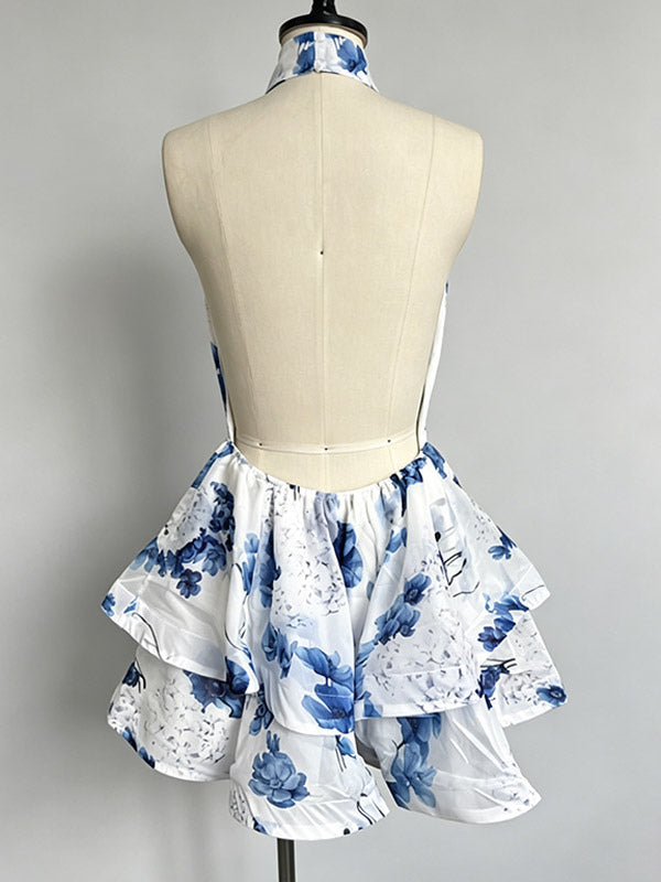 Vacation Dresses Mini Backless Flowers Ruffles Sleeveless Floral Print Halter Elegant Pink Dress