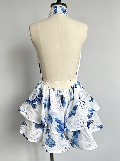 Vacation Dresses Mini Backless Flowers Ruffles Sleeveless Floral Print Halter Elegant Pink Dress