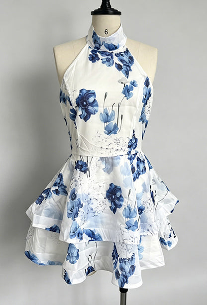 Vacation Dresses Mini Backless Flowers Ruffles Sleeveless Floral Print Halter Elegant Pink Dress