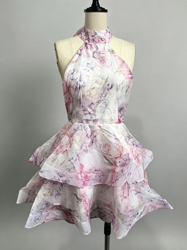 Vacation Dresses Mini Backless Flowers Ruffles Sleeveless Floral Print Halter Elegant Pink Dress