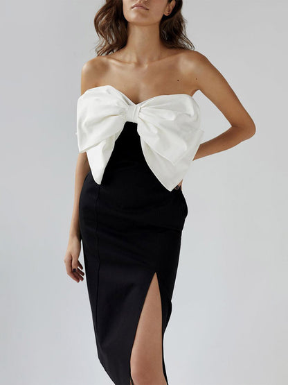 Date Night Dresses Maxi Backless Bows Sleeveless Strapless Chic Black Dress