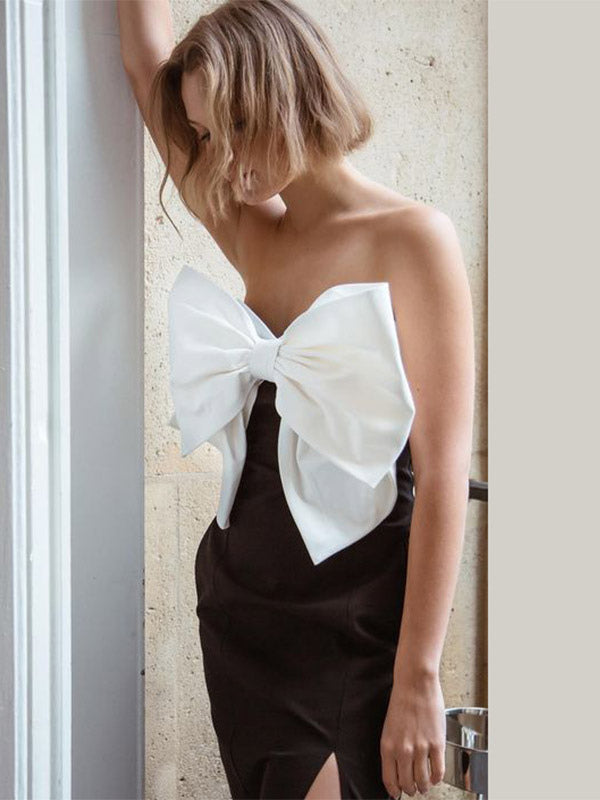 Date Night Dresses Maxi Backless Bows Sleeveless Strapless Chic Black Dress