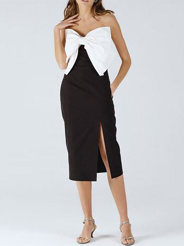 Date Night Dresses Maxi Backless Bows Sleeveless Strapless Chic Black Dress