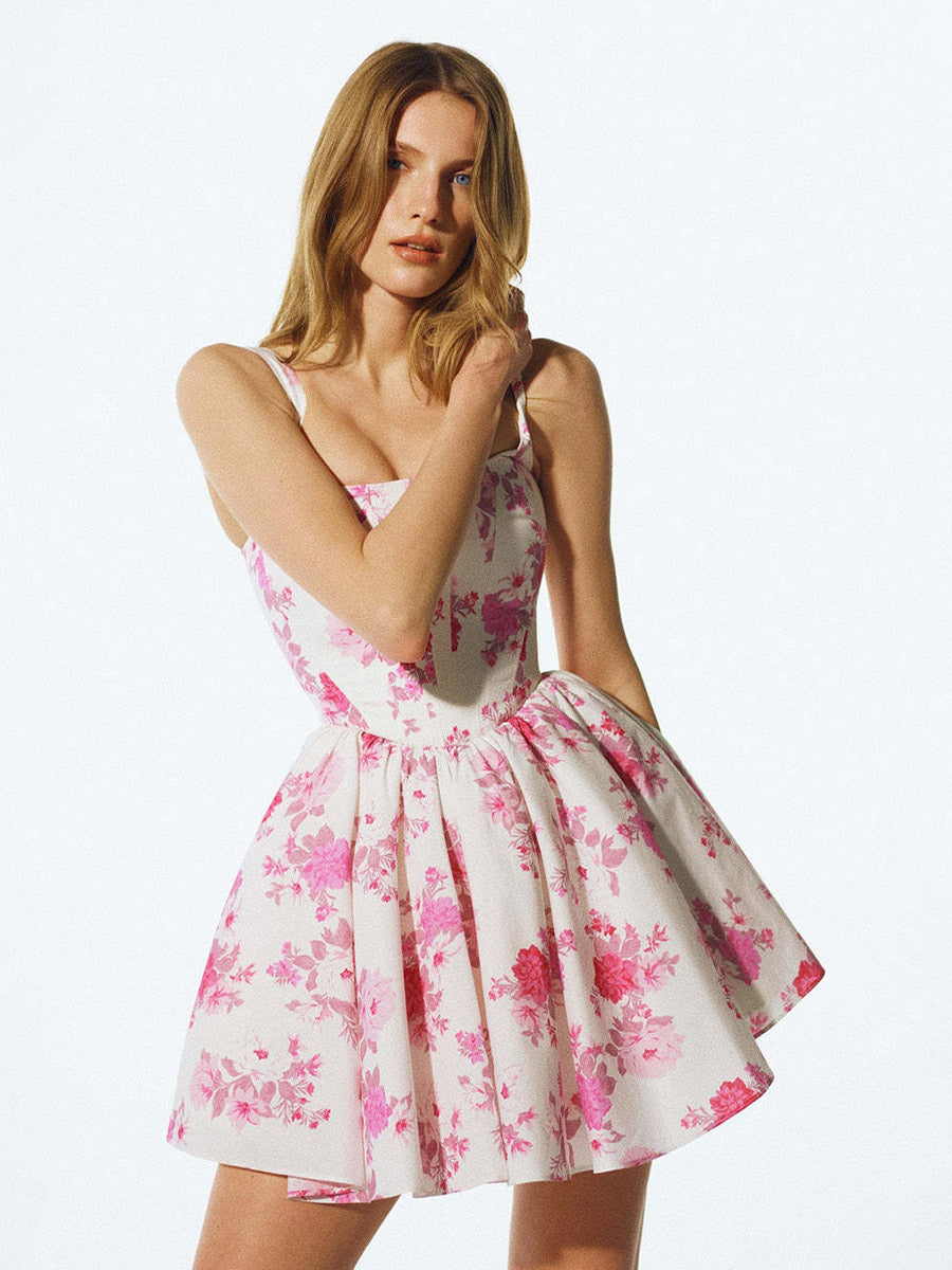 Date Night Dresses Mini Backless Pleated Sleeveless Floral Print Square Neck Sexy Dress
