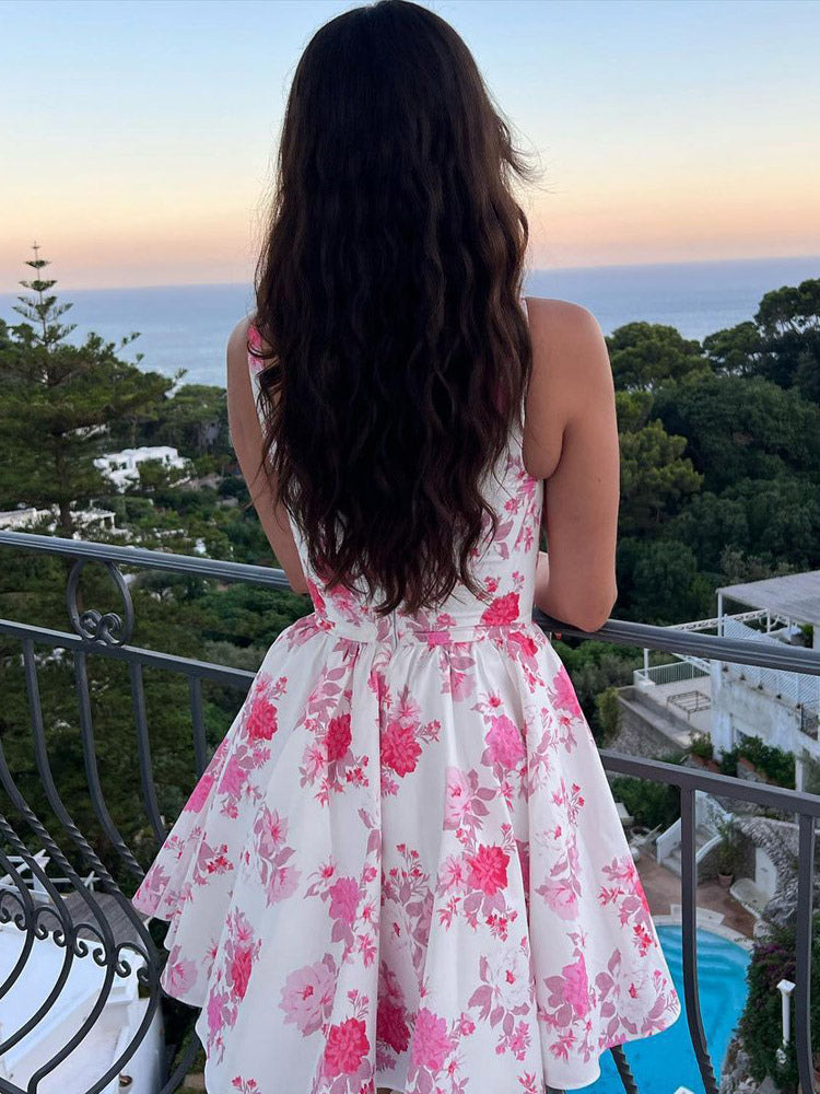 Date Night Dresses Mini Backless Pleated Sleeveless Floral Print Square Neck Sexy Dress